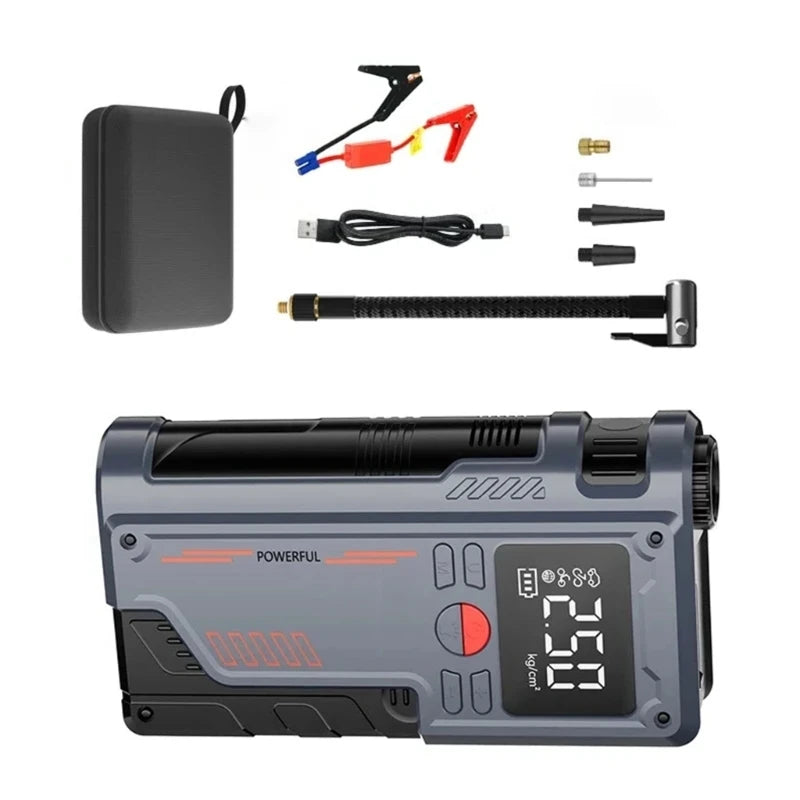 14.8V Digital Tire Inflator and Car Jump Starter with 1000A Output, 8000mAh Battery, and LED Display
